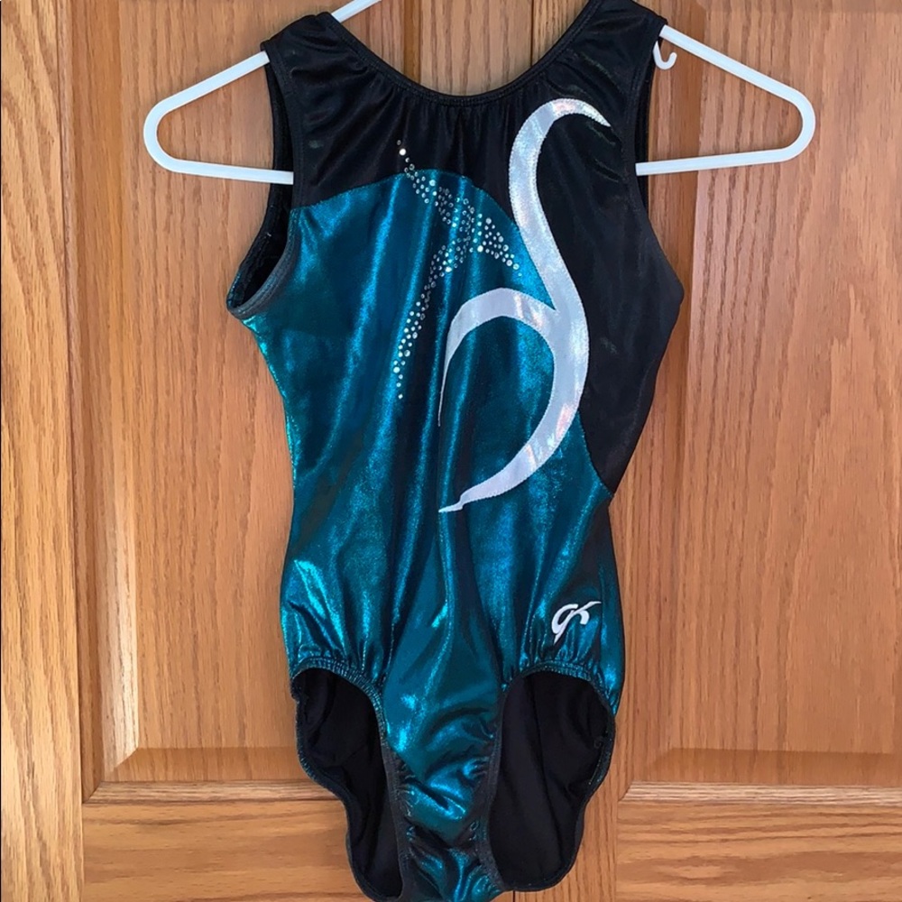Teal, black, and silver GK gymnastics leotard